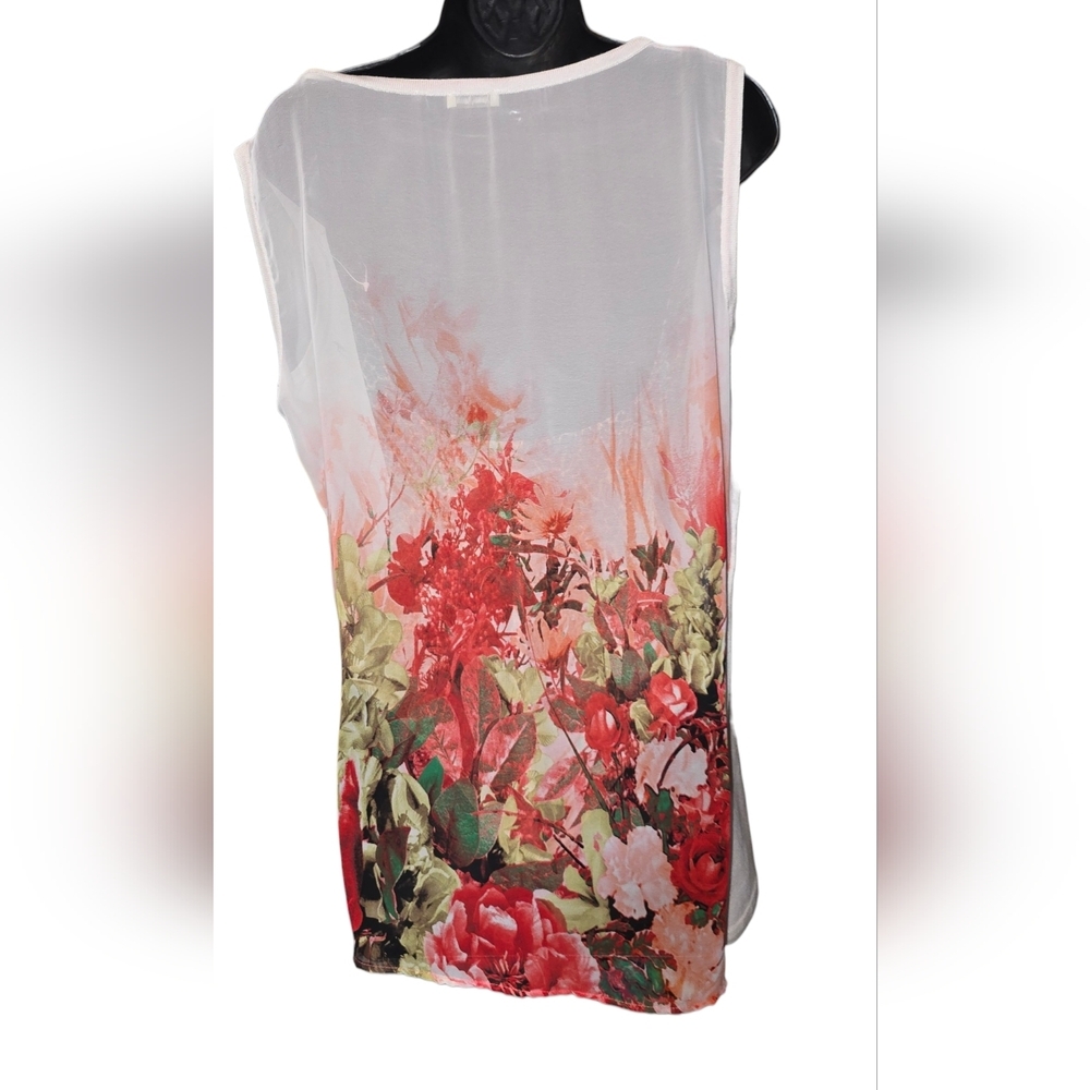 Neiman Marcus Cream Floral Sheer Assymetric Tank Top